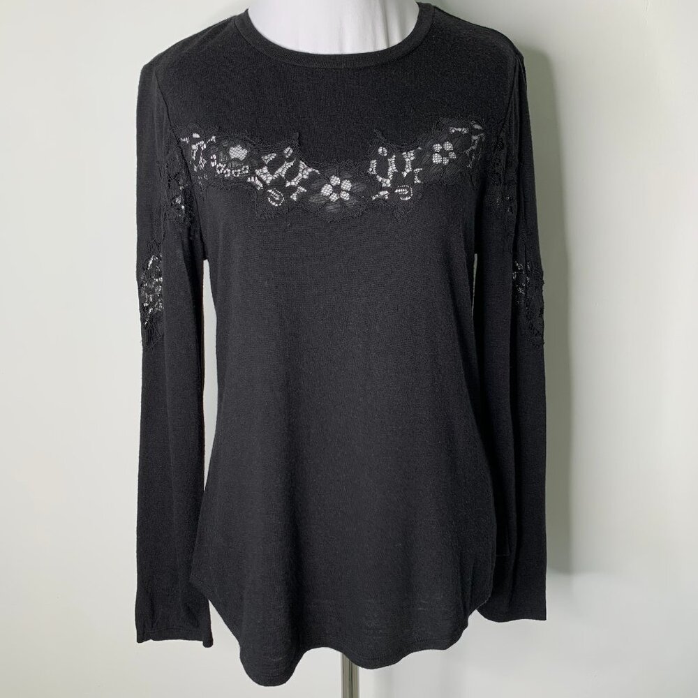 Rebecca Taylor Women's Black Long Sleeve Wool Blend Lace Shirt Size Medium